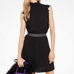 Michael Kors Studded Ruffle Chiffon Dress with Pockets Size Medium Black
